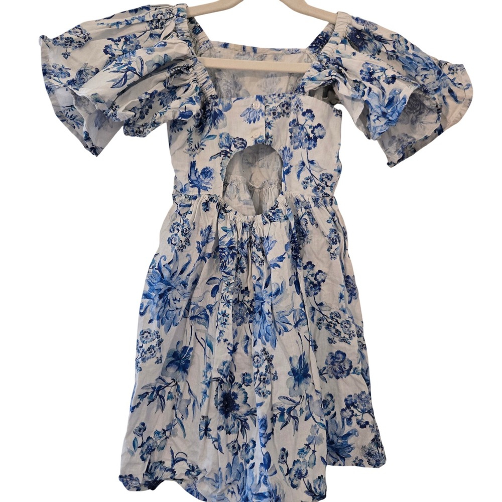 Next Girls Blue White Floral Puff Sleeve Cotton Dress Cutout Back 4Y 104cm‎ - Picture 2 of 8